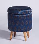 Leaf-Patterned Ajrakh Circular Storage Ottoman,Stools-Poufs