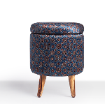 Floral Star-Patterned Ajrakh Circular Storage Ottoman,Stools-Poufs