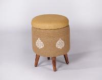 Assam Muga Silk-Cotton Circular Storage Ottoman,Stools-Poufs